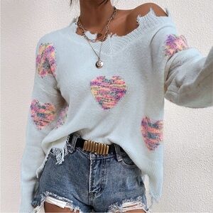 Boho Blue Hearts Oversized Distressed Sweater